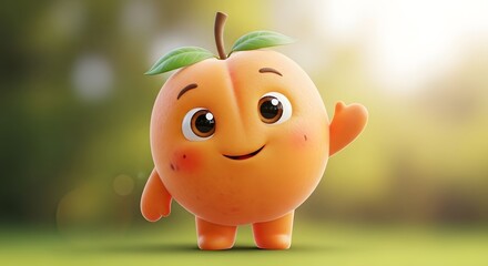 Animated Peach Character Waving Hello in a Cheerful Scene