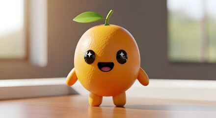 Cute Orange Character Illustration Smiling Citrus Mascot with Green Leaf and Happy Expression
