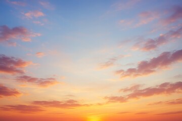 Obraz premium Soft pastel sky during sunrise with scattered clouds and warm sunlight glow in dreamy gradient light background for peaceful abstract concept design. Ai generative