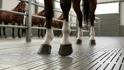 Brown Horses Standing on Patterned Flooring in a Stable with Metal Gates and Natural Lighting  in Livestock Management Setting Showing Hooves, Legs and Equine Care Facilities