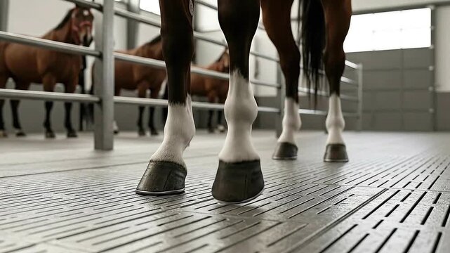 Brown Horses Standing on Patterned Flooring in a Stable with Metal Gates and Natural Lighting  in Livestock Management Setting Showing Hooves, Legs and Equine Care Facilities