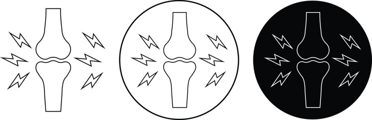 Joint inflammation icons set. Arthritis pain medical symbol, bone ache health care sign, knee injury problem illustration, orthopedic disease outline vectors design isolated on transparent background.