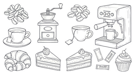 Detailed line art illustration of coffee, tea, and bakery items including beans, grinder, espresso machine, cups, croissant, cakes, and sugar packets.
