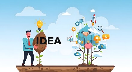 Illustrating the concept of a bright new idea sprouting and growing into a technological innovation and global success