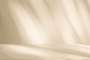 Wall interior background, studio and backdrops show products. with leaf shadow from window color beige and white. background for text insertion and presentation of product	