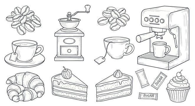 Detailed line art illustration of coffee, tea, and bakery items including beans, grinder, espresso machine, cups, croissant, cakes, and sugar packets.