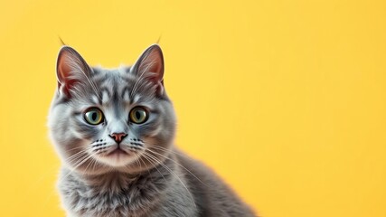A beautiful grey tabby cat with striking green eyes looks intently at the viewer against a bright yellow background, creating a simple and eye catching portrait.