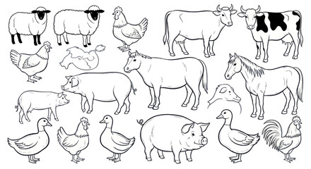 Black and white illustration of various farm animals, including sheep, chickens, cows, and pigs.