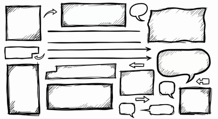 Collection of hand-drawn sketchy frames, speech bubbles, and arrows on a white background, ideal for comic or doodle designs.