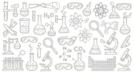 Science themed doodle with beakers, test tubes, microscopes, and chemical formulas.