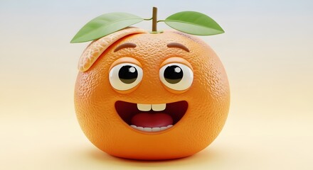 A whimsical cartoon orange with a big smile and expressive eyes, set against a soft, warm background