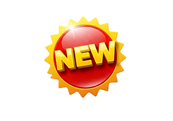 Ultra highresolution, professional studio photography of illustration of red and yellow starburst sticker with the word new in bold yellow letters, isolated on transparent background
