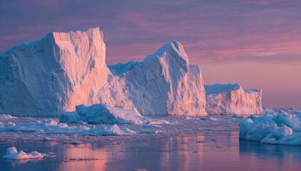 Icebergs bathed in vibrant sunset hues