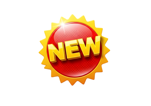 Ultra highresolution, professional studio photography of illustration of red and yellow starburst sticker with the word new in bold yellow letters, isolated on transparent background