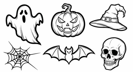 Black and white outline illustrations of various Halloween symbols including a ghost, jack-o'-lantern, witch hat, spiderweb, bat, and skull.