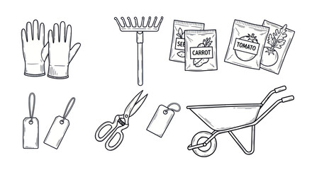 Gardening tools and supplies: gloves, rake, seeds, tags, scissors, wheelbarrow.