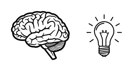 A black and white illustration of a human brain next to a lit lightbulb, symbolizing an idea or inspiration.