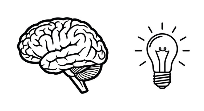 A black and white illustration of a human brain next to a lit lightbulb, symbolizing an idea or inspiration.