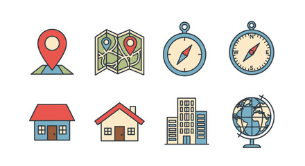 A collection of eight flat design icons representing travel and location-based themes, including maps, compasses, and buildings.