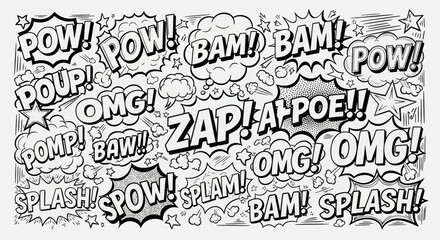 Comic book explosion sound effects with words like POW, BAM, OMG, ZAP, SPLASH, and SPOW.