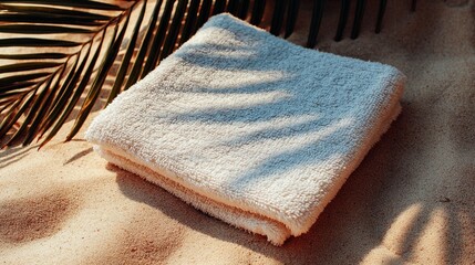 Folded white towel on textured surface with natural lighting and shadows