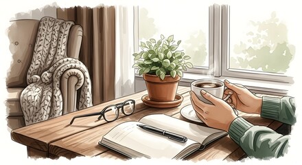 Cozy morning scene with a person enjoying a warm drink and reading a book by the window