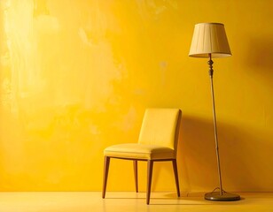 Minimalist yellow chair and floor lamp against a vibrant textured wall, creating a warm and inviting atmosphere.