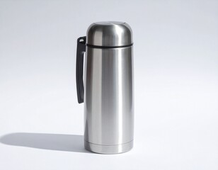 Sleek silver thermos with a modern handle, perfect for hot or cold beverages