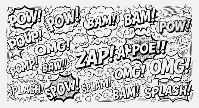 Comic book explosion sound effects with words like POW, BAM, OMG, ZAP, SPLASH, and SPOW.