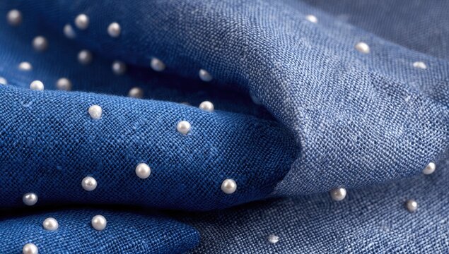 Textured fabric with scattered pearls, in shades of blue