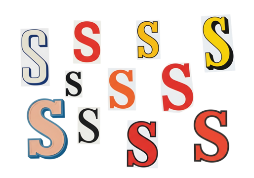 Ultra highresolution, professional studio photography of illustration of collection of various letter s designs in different colors and styles, isolated on transparent background