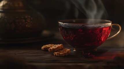 Fototapeta premium red hibiscus tea served in a glass cup with delicate pastrie on a rustic table