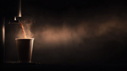 Aromatic hot coffee pouring from machine into paper cup. Freshly brewed dark beverage with warm steam creating comforting atmosphere