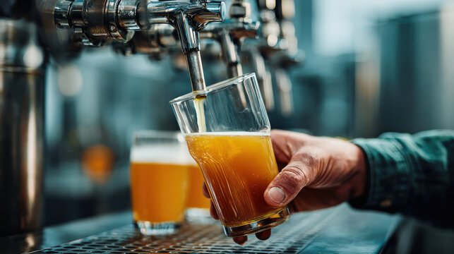 Close up of man hand pouring golden craft beer from steel tap into glass at local brewery bar, serving refreshing beverage