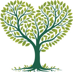 Heart shaped tree, green foliage design, nature love symbol, eco friendly concept, environmental care, growth roots, romantic forest art
