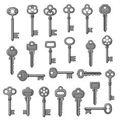 A collection of diverse vintage antique key shapes in grayscale.