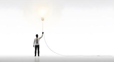 Businessman holding a glowing light bulb balloon, symbolizing a great idea, creativity, and innovation in a minimalist white space