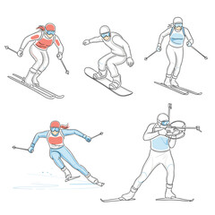 Illustrations of athletes participating in various winter sports including skiing snowboarding and biathlon.