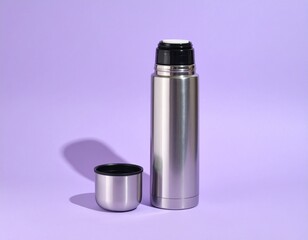 Sleek silver thermos bottle with cap on pastel purple background, ready for adventure