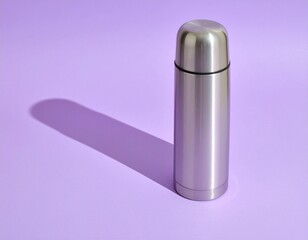 Sleek silver thermos bottle casts a long shadow on a vibrant pastel background.