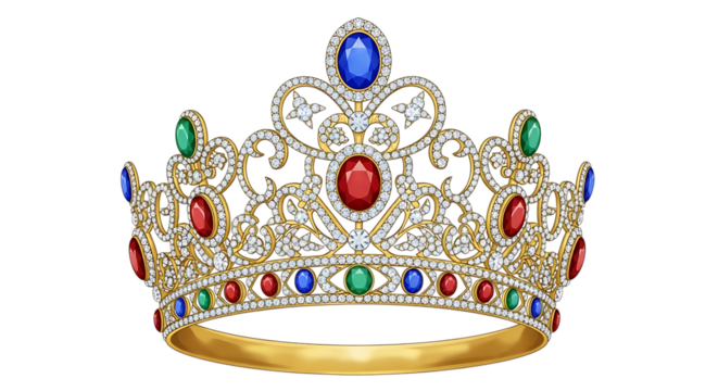 Ultra highresolution, professional studio photography of illustration of ornate golden crown adorned with colorful gemstones, symbolizing royalty and luxury, isolated on transparent background