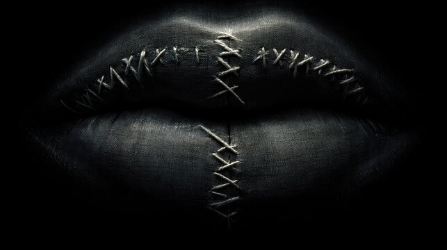 Conceptual dark art image of sewn mouth representing silence and censorship. These scary, locked lips convey sense of horror and fear