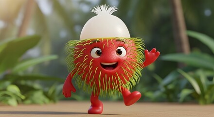 Joyful and adorable tropical rambutan fruit character, personified with a friendly wave and cheerful walk, exploring a vibrant natural background