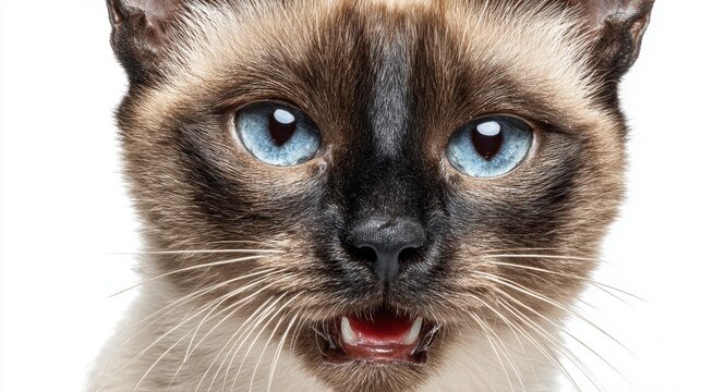 Close-up of a Siamese cat with striking blue eyes and open mouth - Powered by Adobe