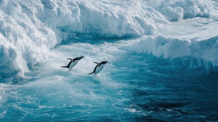 Two penguins swimming near icy cliffs in a cold, blue ocean environment