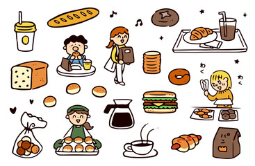 パン屋と人物のイラストセット