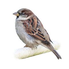 Close-up of a young male house sparrow isolated on white background. 