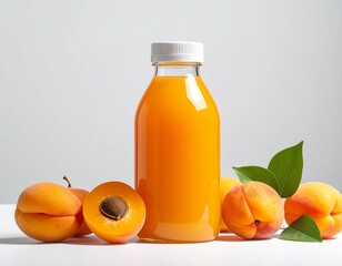 Refreshing apricot juice in a clear bottle surrounded by ripe apricots and green leaves on a white surface.