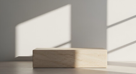 Minimalist Presentation Mockup with Marble Podium and Sunlight Shadows on Wall