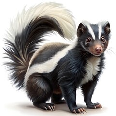 Fototapeta premium Skunk with Bushy Tail Turned to the Side on White Background